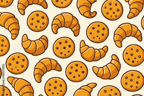 Seamless pattern of cartoon croissants and cookies