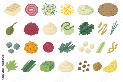 Watercolor vegan food ingredients icon set in warm tones