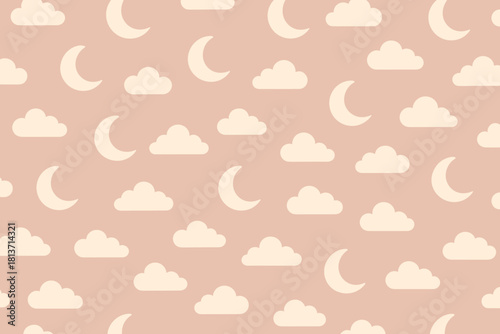 Seamless crescent moon and cloud pattern on dusty pink