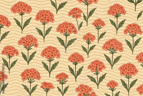 Seamless floral pattern with red blossoms on wavy beige background
