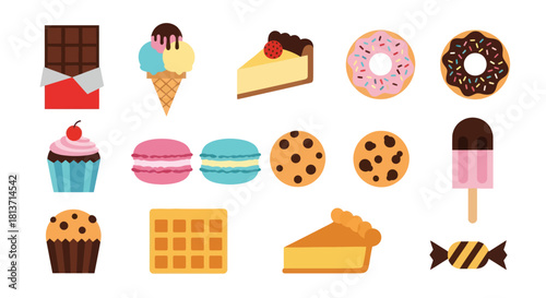 Assortment of colorful desserts isolated on white background flat design