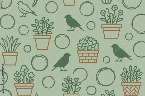 Seamless pattern with birds, potted plants, and hand-drawn circles
