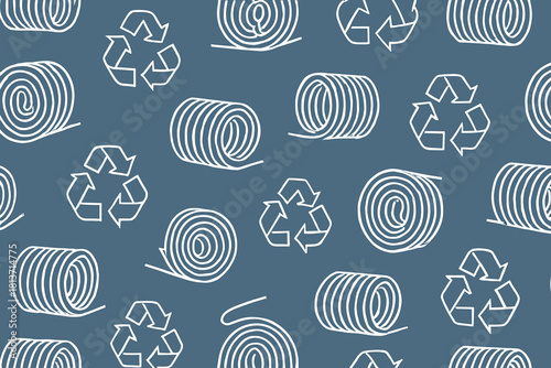 Hand-drawn recycling and wire coil pattern on blue background