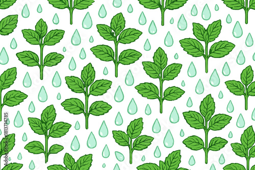 Seamless mint leaf pattern with water drops on green background