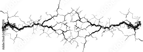 Black cracked line texture resembling broken surface or lightning pattern on white background. Distressed fracture design ideal for grunge effects, digital art, overlays, and dramatic visual elements.