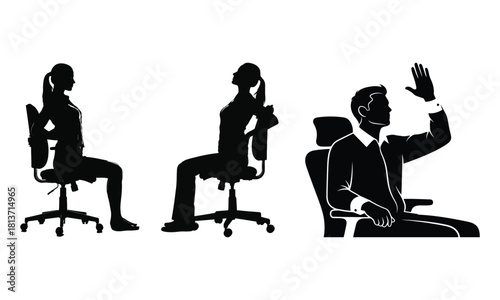 Ergonomic postures and raising hand in office chairs silhouettes