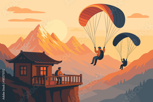 Paragliders soaring near mountain cabin at golden sunset