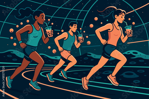Runners drinking bubble tea on space track in sci-fi scene