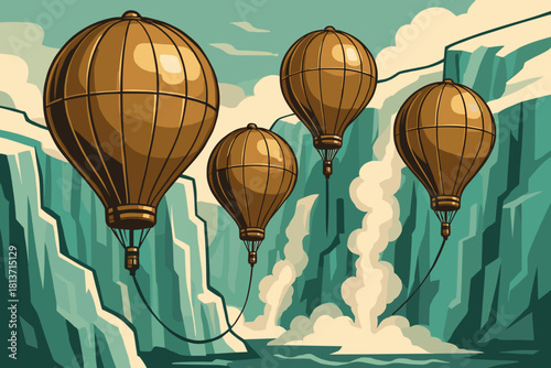 Vintage-style illustration of hot air balloons over icy canyon