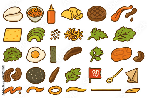 Hand-drawn sandwich and burger ingredient icons with sauces and toppings