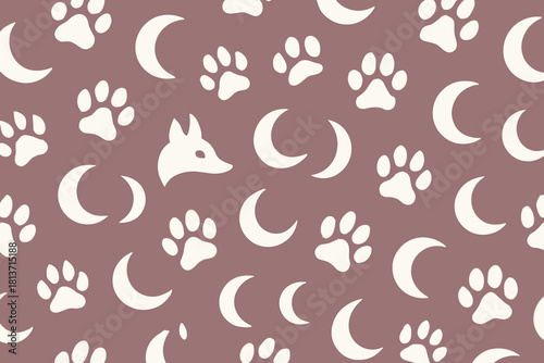 Seamless night forest pattern with wolf head, paw prints, and crescent moons