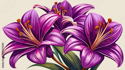 Very beautiful close-up view of purple lily flowers with delicate petals and rich brown pollen, showcasing detailed botanical texture and soft natural lighting on a clean isolated background.