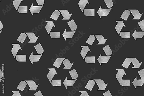 Brushed metal recycle symbol pattern on dark textured background