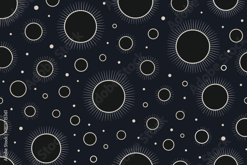 Seamless radiant eclipse pattern with glowing circular halos on dark background