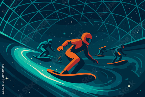 Futuristic space surfers riding waves in cosmic dome