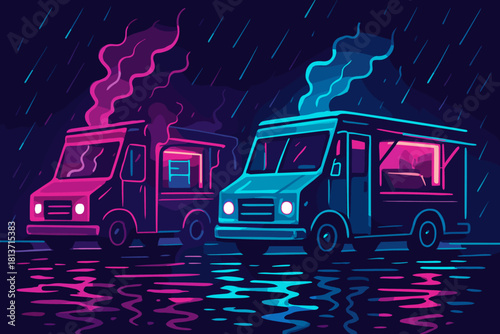 Neon food trucks in the rain with moody reflections
