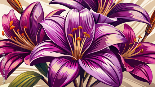 Very beautiful close-up view of purple lily flowers with delicate petals and rich brown pollen, showcasing detailed botanical texture and soft natural lighting on a clean isolated background.