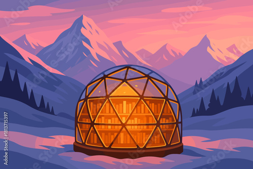 Geodesic dome library glowing in snowy mountain twilight