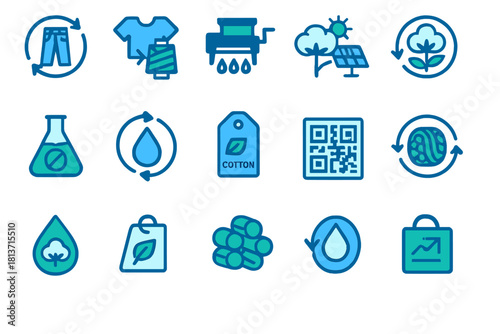 Sustainable cotton and eco textile icons in blue gradient style