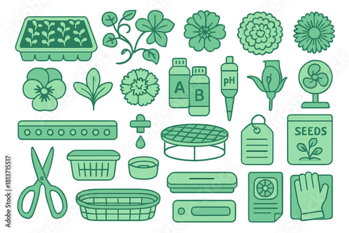 Hydroponic gardening and flower growing icon set in green
