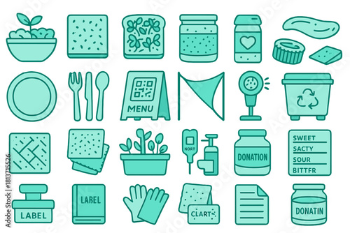 Vector icon set of food pantry, donation, and labeling items