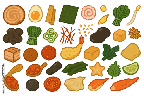 Colorful illustrated set of ramen toppings and ingredients