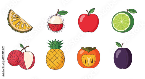Assortment of colorful fresh fruits arranged against a white background