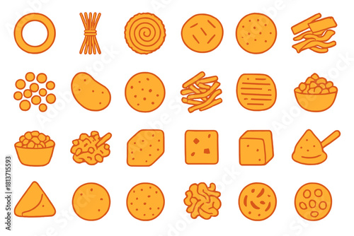Set of stylized snack food icons in orange color theme