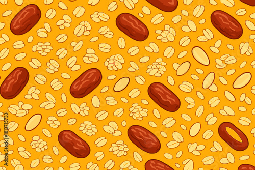 Seamless pattern of dates, oats, and grains on yellow background