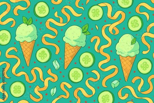 Seamless pattern of mint ice cream, cucumber slices, and ribbons
