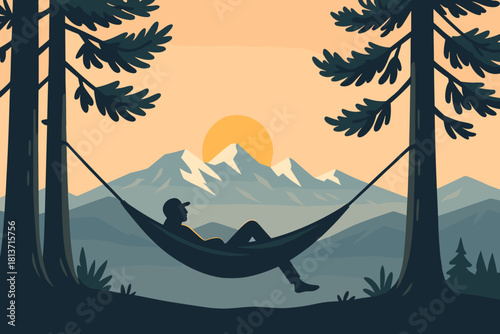 Man in hammock at sunset with mountain view illustration