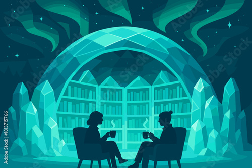 Two people enjoying hot drinks in crystal dome library at night