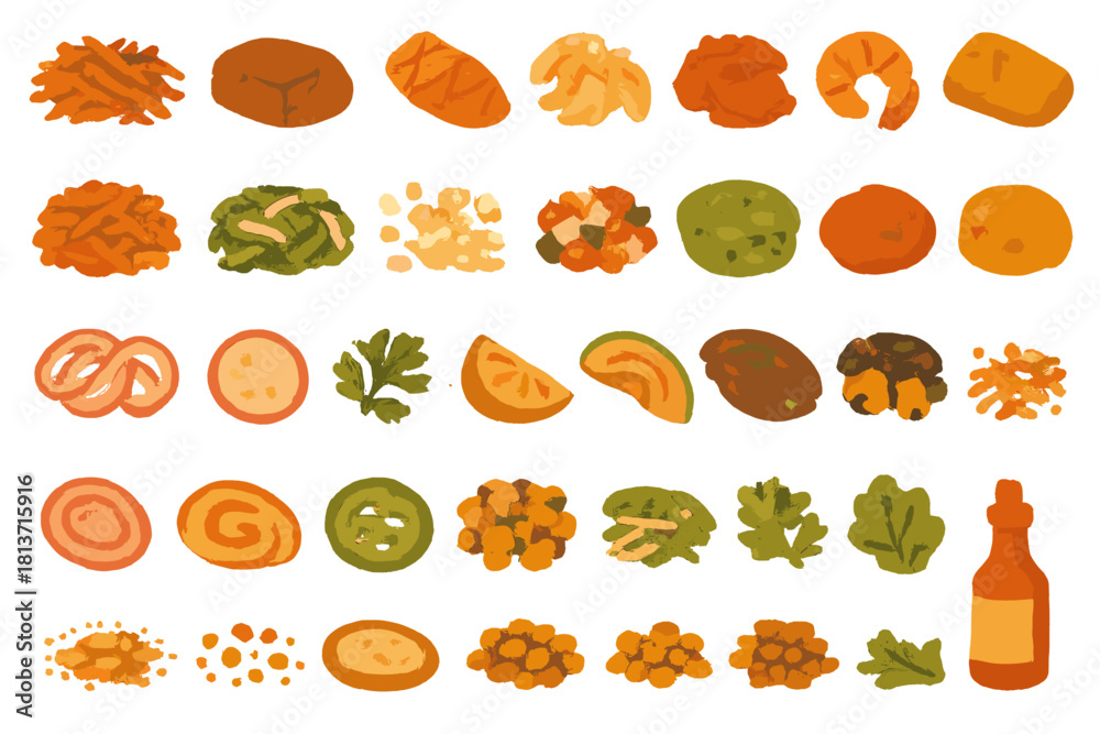 Fototapeta premium Watercolor food topping icons on warm orange gradient