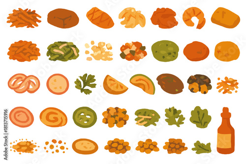 Watercolor food topping icons on warm orange gradient