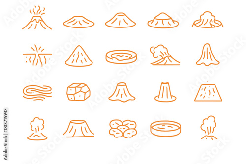 Volcano icon set in glowing orange neon style on dark shelf