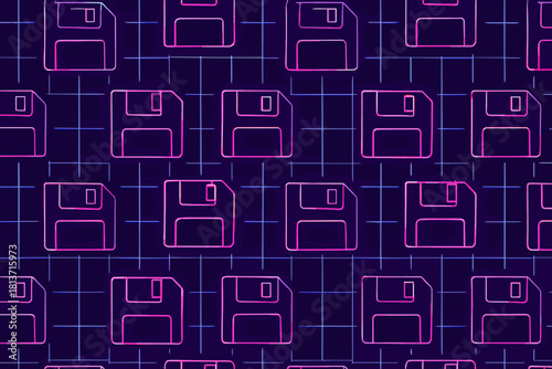Seamless pattern of neon floppy disks on dark digital grid