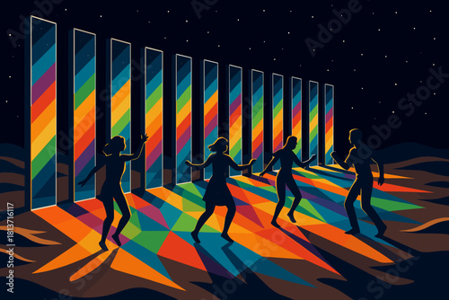 Colorful mirror portal with dancing silhouettes under night sky