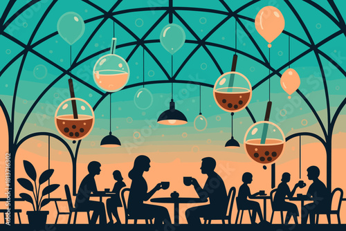 Stylized bubble tea café scene with people under glass dome