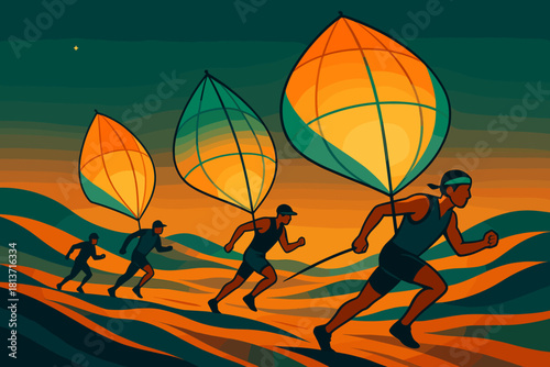 Stylized runners with globe balloons over colorful landscape