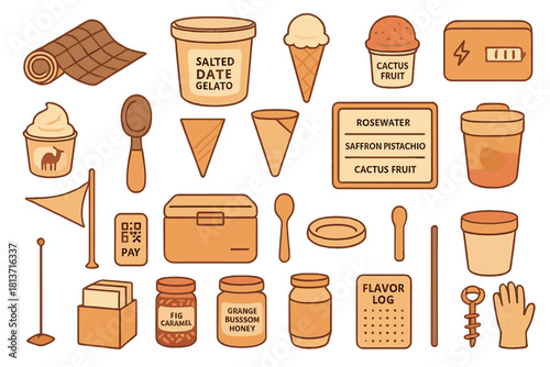 Ice cream and gelato shop elements in hand-drawn style on brown