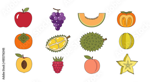 Assortment of colorful fruits apple grapes melon persimmon and more