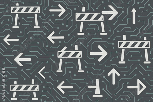Digital barrier and arrow pattern on circuit board background