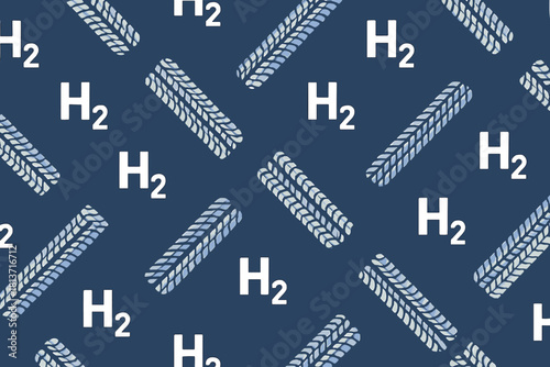 Hydrogen H2 and tire tread seamless pattern on blue background
