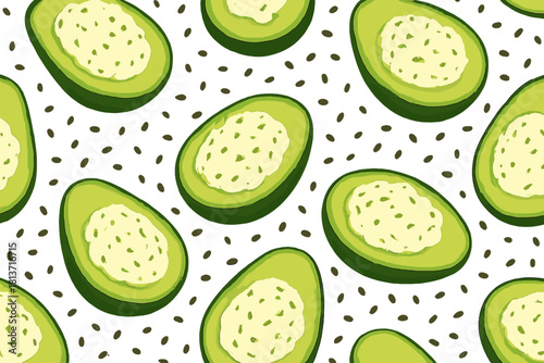 Seamless pattern of avocado halves with creamy filling
