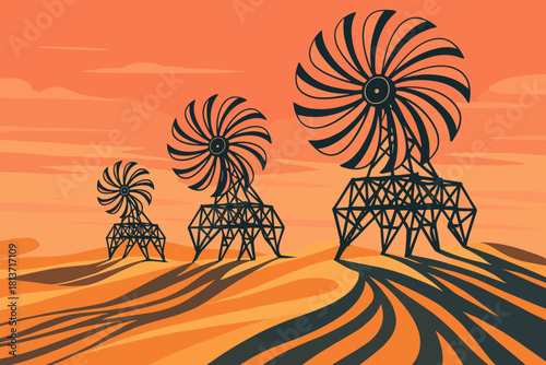 Abstract wind turbines on desert towers at sunset