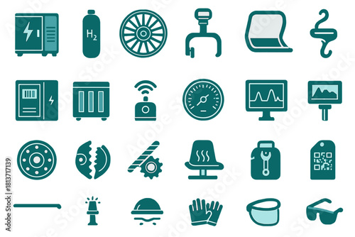 Vector icon set of hydrogen fuel cell and automotive components