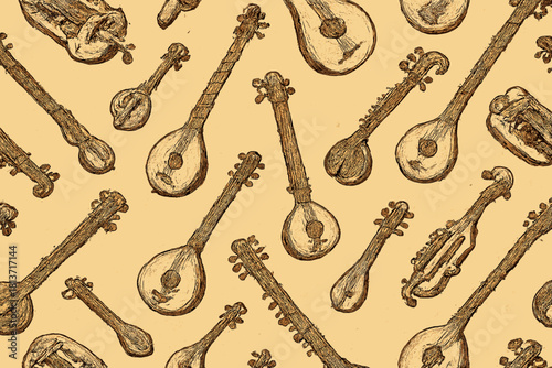 Hand-drawn traditional string instrument seamless pattern on vintage paper