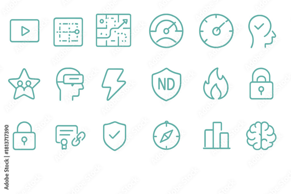 Fototapeta premium Tech and analytics interface icon set in glowing teal style