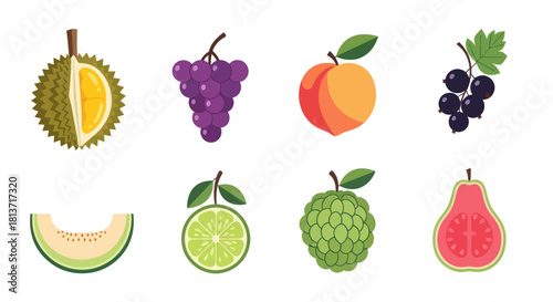 Assortment of colorful fruits durian grapes peach and more