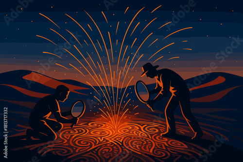 People examining glowing patterns in desert with magnifiers